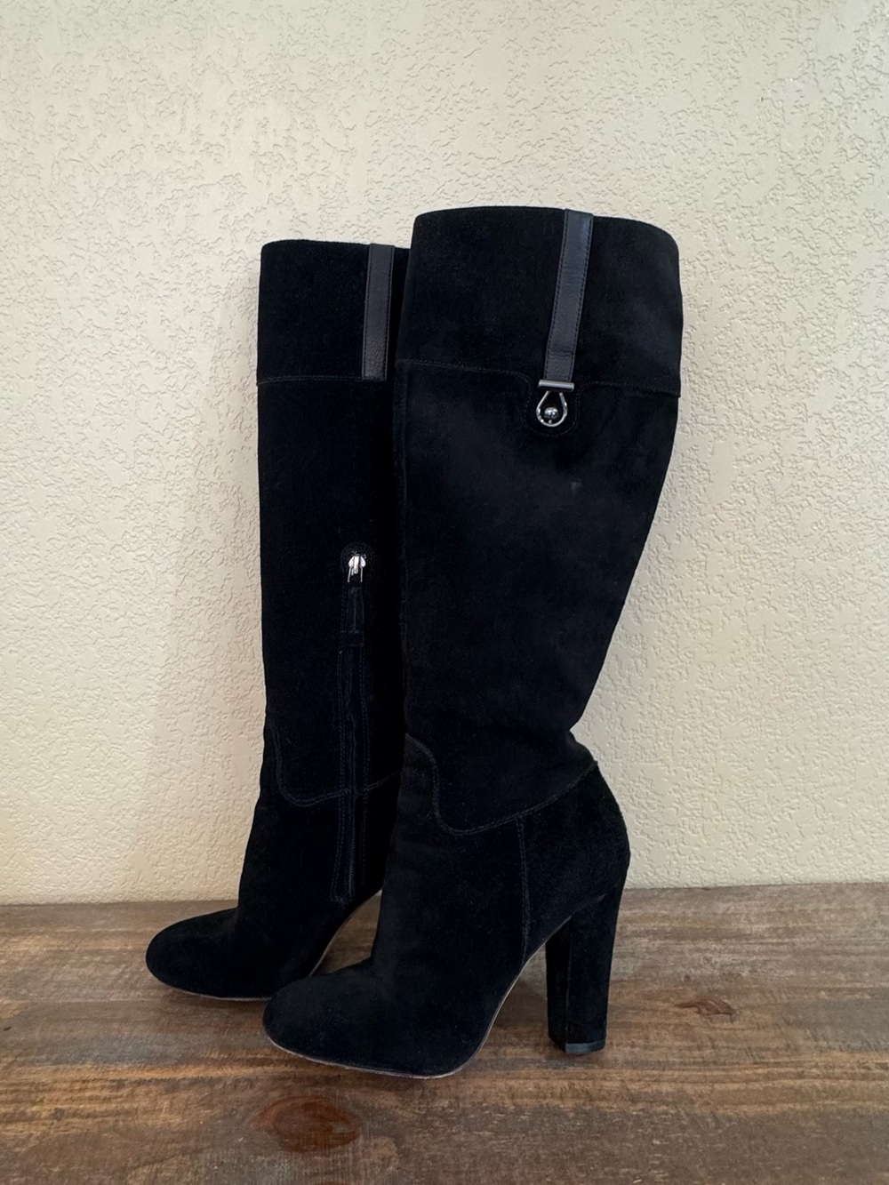 Joan & David “Sterla” Black Suede Knee-High Heeled Boots with Strap Detail